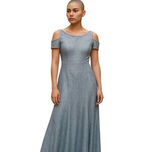 NW Nightway Womens Size 8 Cutout Shoulder Long Gown Gray Silver Lace Formal Maxi